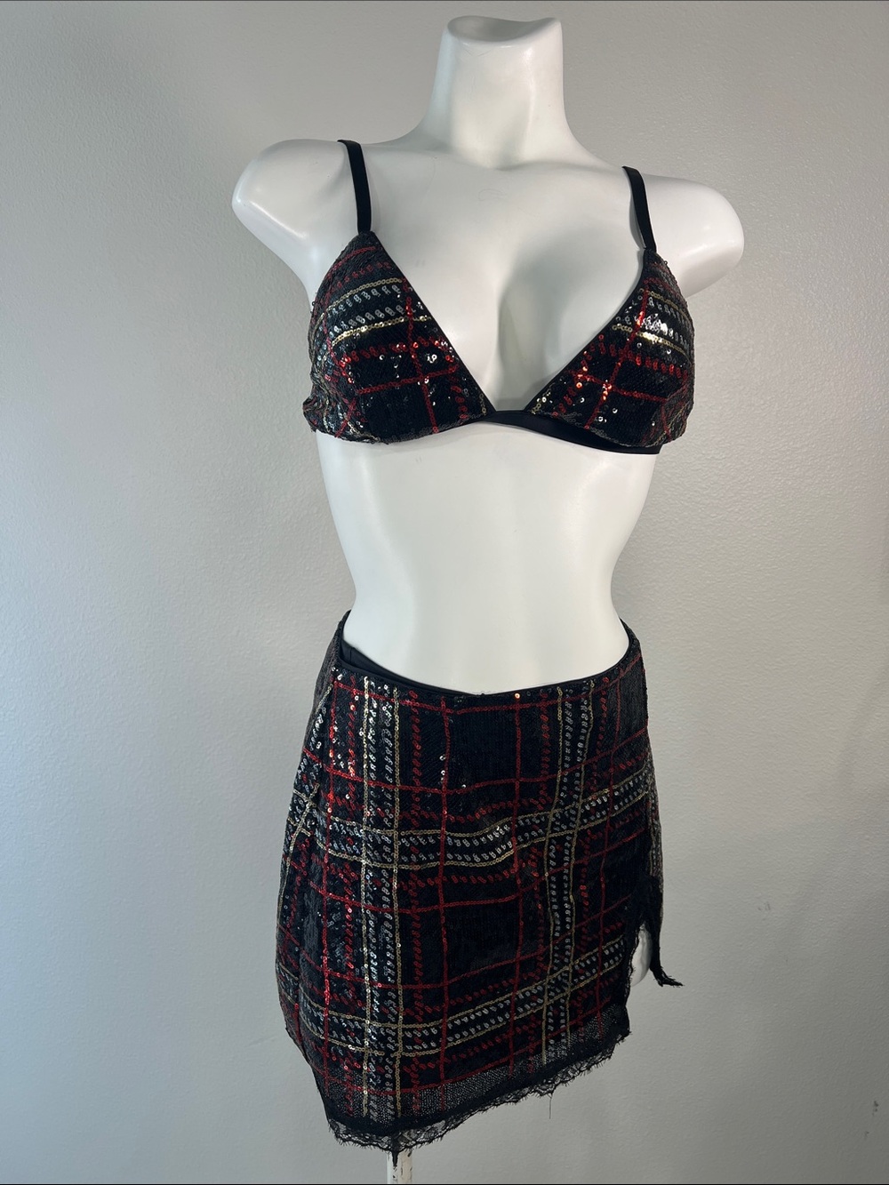 Victoria's Secret Black & Red Sequin Plaid Tartan Skirt Set SMALL